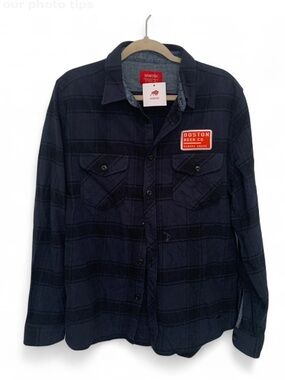 NWT Sportiqe Sam Adams Blue Black Plaid Long Sleeve Button Down Shirt